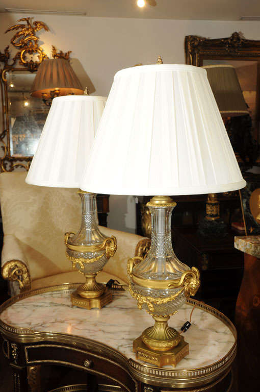 French Pair 19th Century Louis XVI crystal and bronze dore lamps