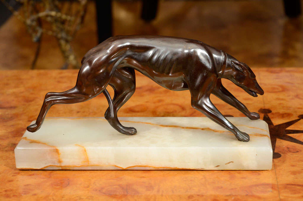Bronze Greyhound Bookends on Alabaster Bases In Excellent Condition In New York, NY