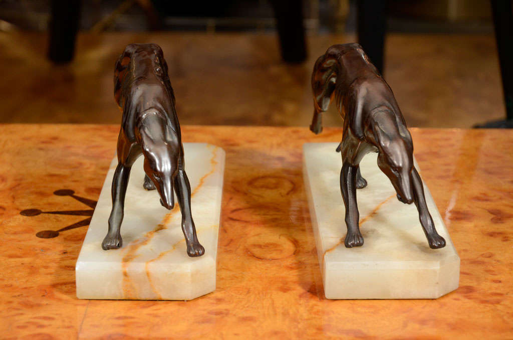 Bronze Greyhound Bookends on Alabaster Bases 2