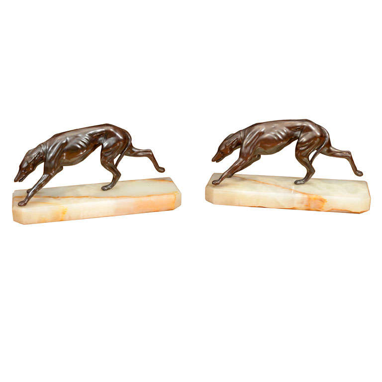 Bronze Greyhound Bookends on Alabaster Bases