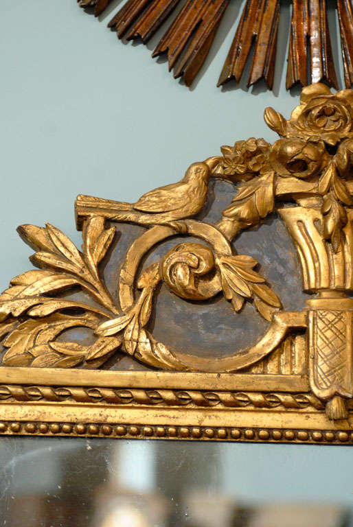 Glass French 19th Century Gilded Carved Mirror with Bird and Rose Motifs