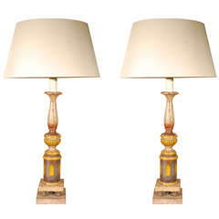 Pair of Italian Painted Candlesticks, Mounted as Lamps