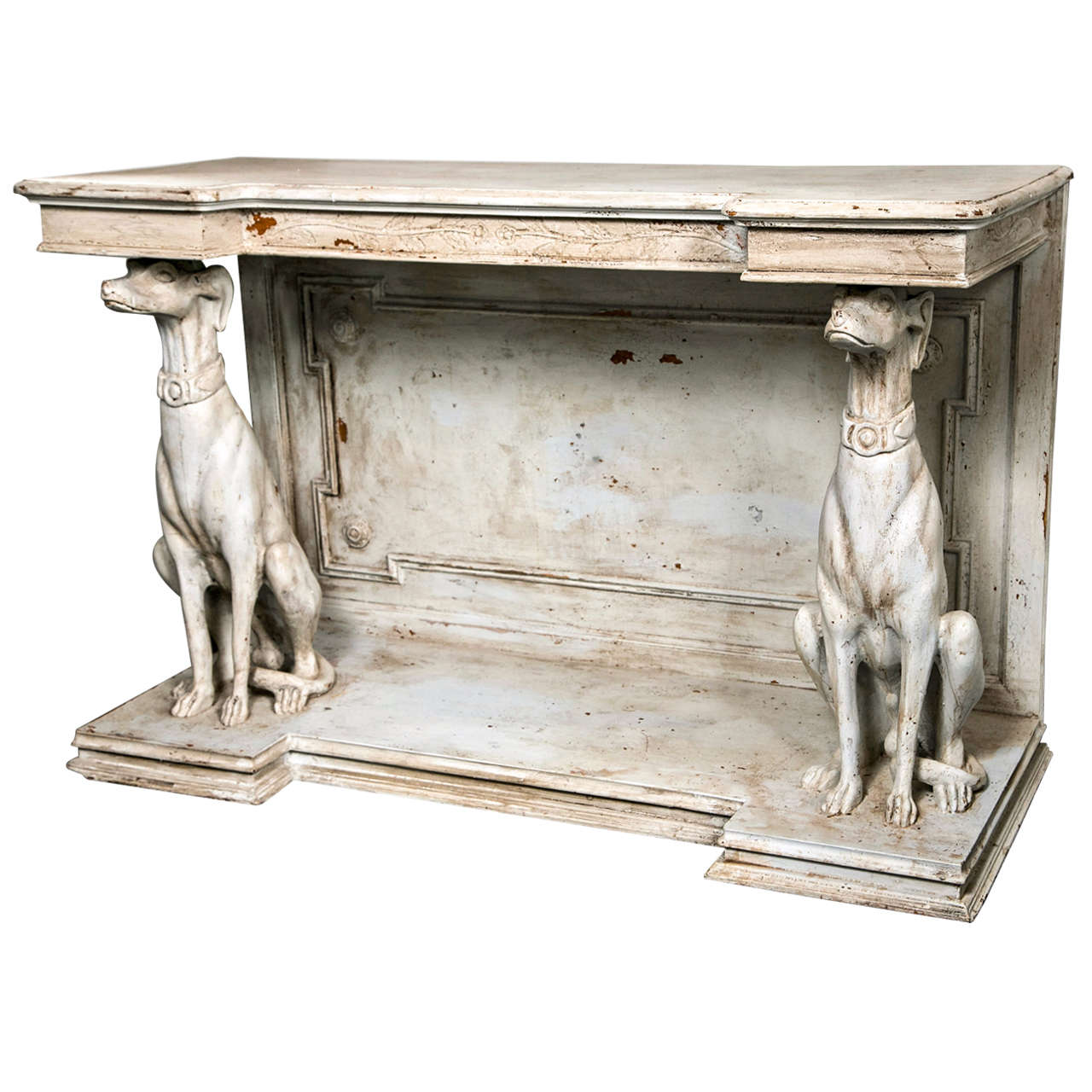 19th c Continental Painted Wood Console with Carved Whippets