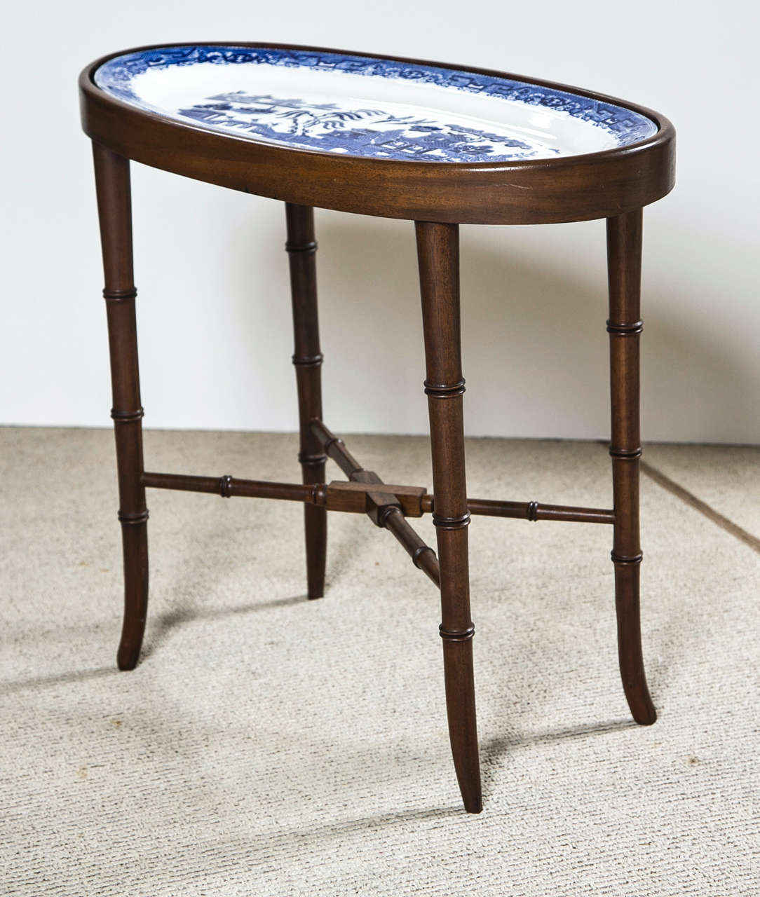 Faux Bamboo Table Fitted with Blue Willow Oval Platter In Good Condition In Stamford, CT