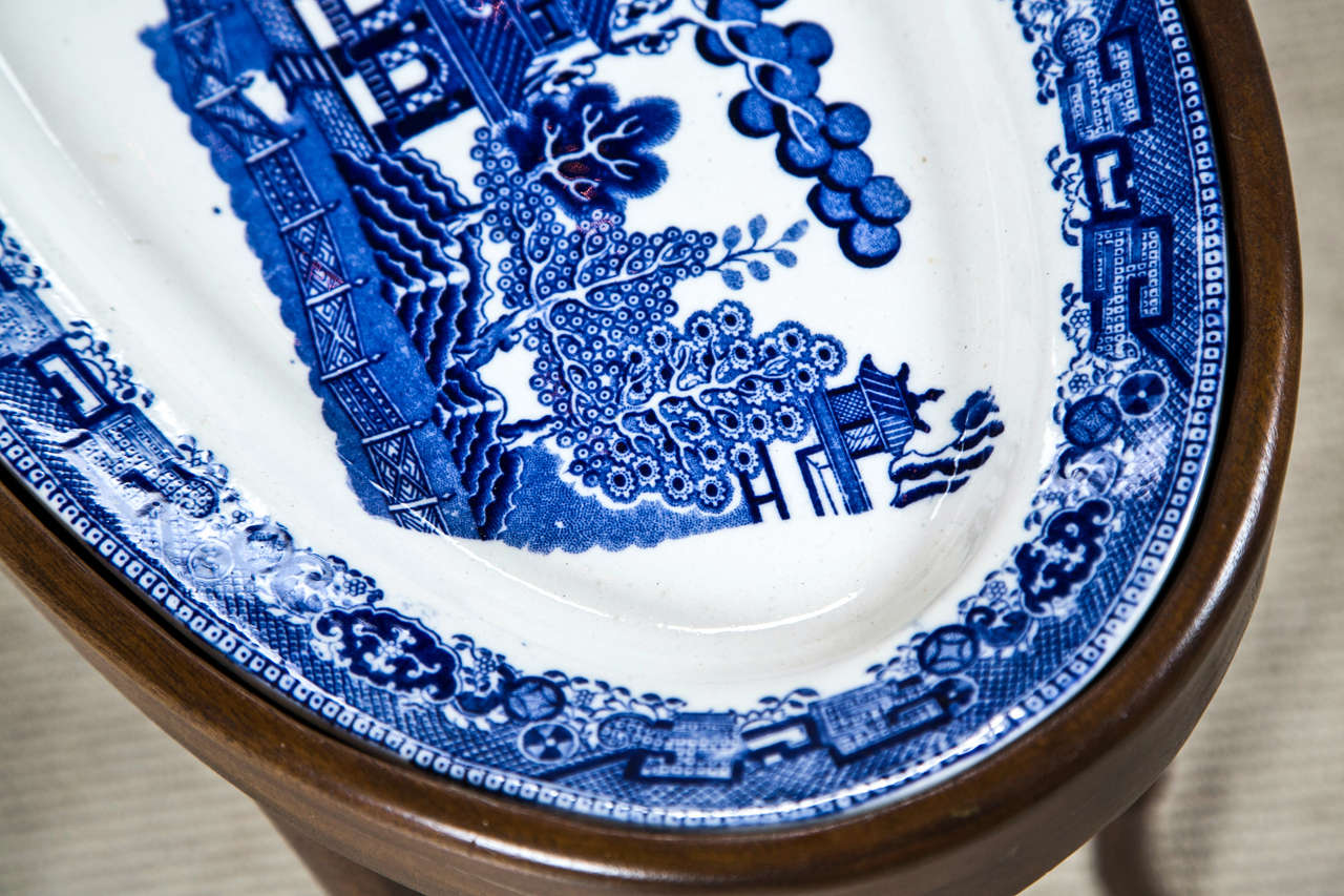 20th Century Faux Bamboo Table Fitted with Blue Willow Oval Platter