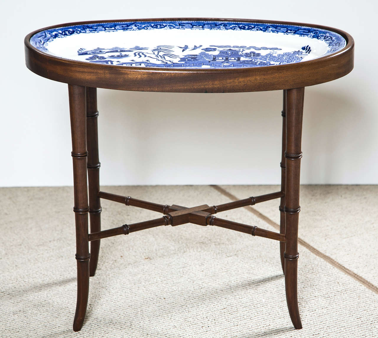 Faux Bamboo Table Fitted with Blue Willow Oval Platter 2