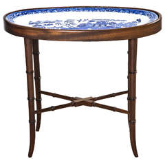 Faux Bamboo Table Fitted with Blue Willow Oval Platter