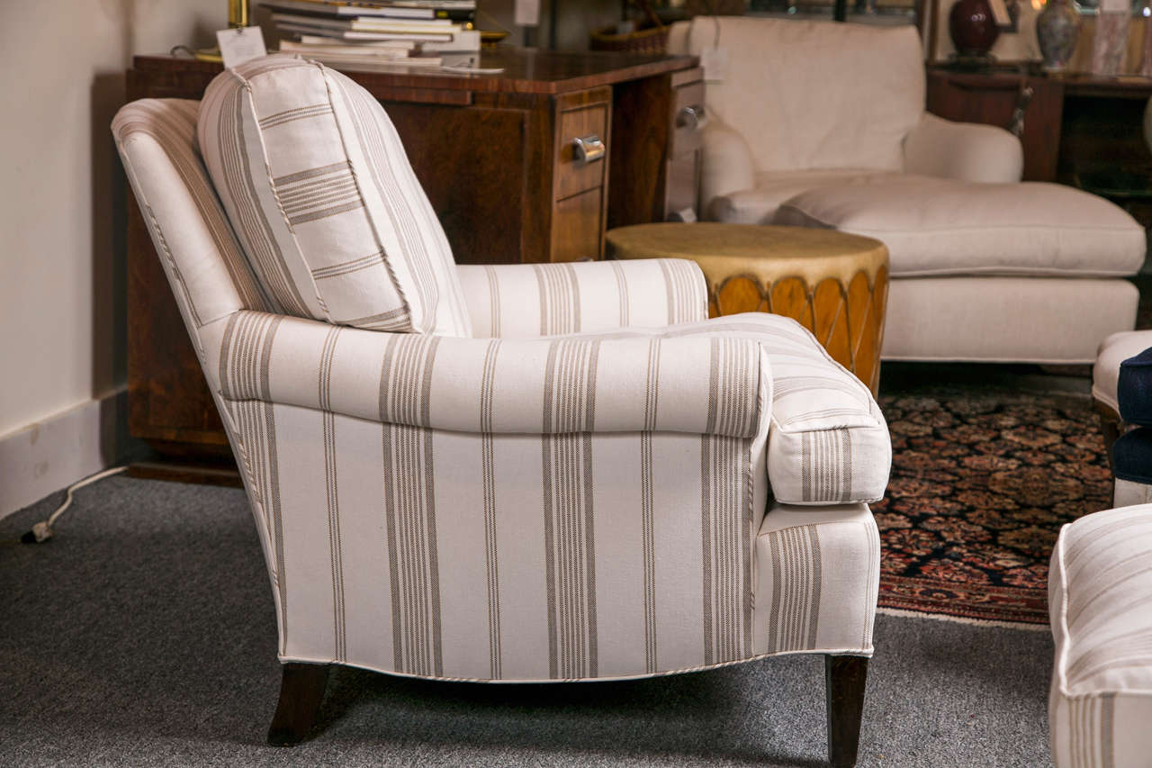 Striped Club Chair with Ottoman In Excellent Condition In Stamford, CT