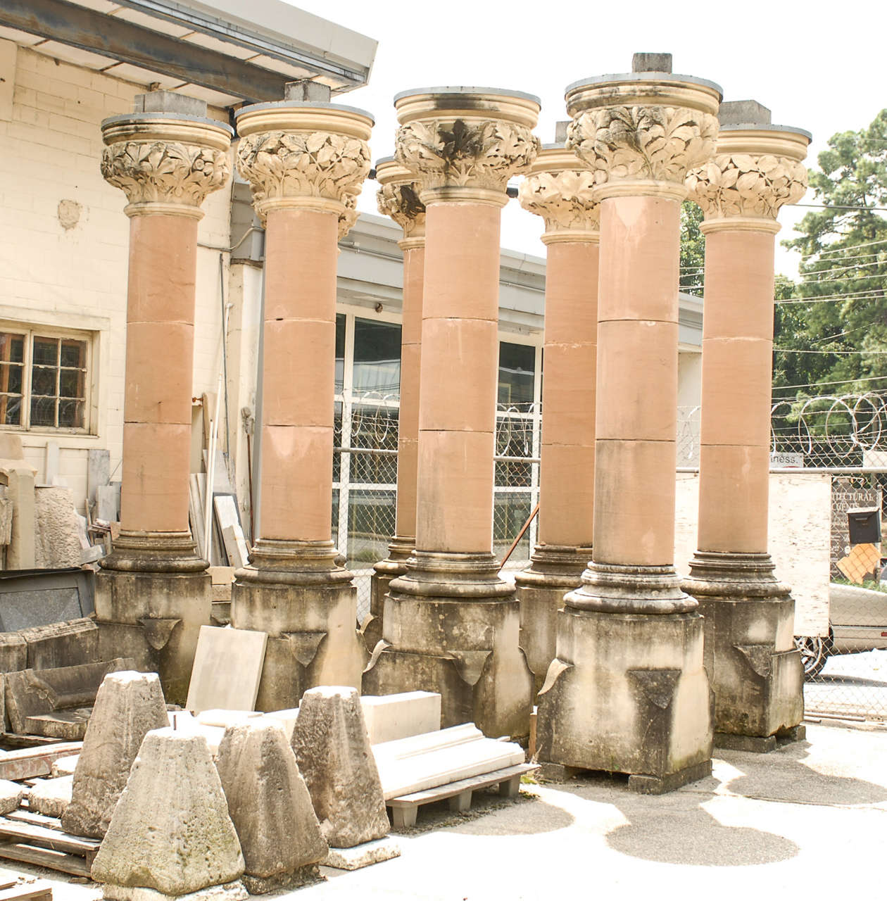 19th century important set of 8 columns, hand carved in stone, from St. George's Church in Catford, London, England.  Each hand carved capital alludes to 8 of the 12 apostles of Christ.  Each capital originally marked with masons' marks.