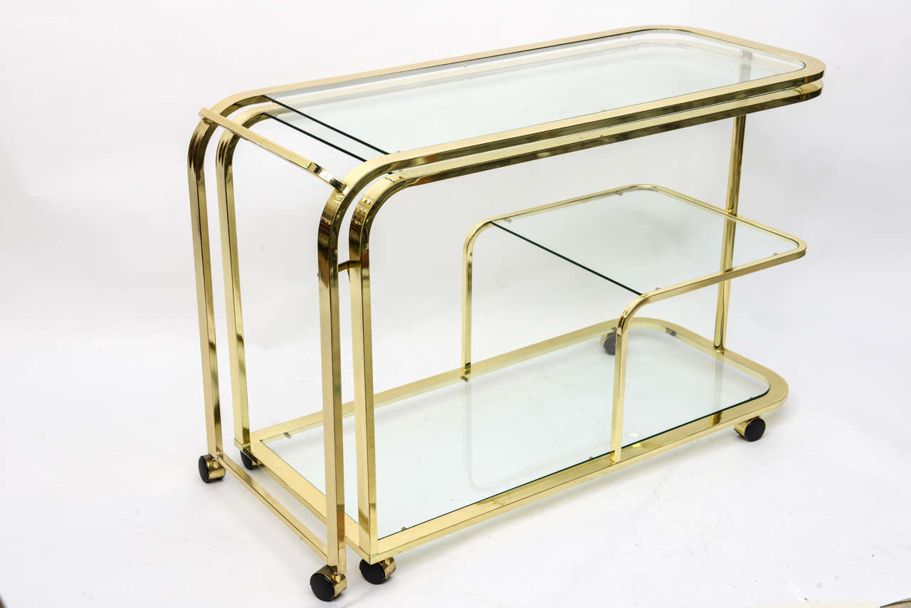 Three Tier Brass & Glass Bar Cart In Excellent Condition In West Palm Beach, FL