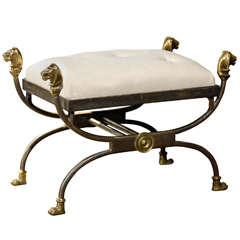 Steel and Brass Stool with Lion Heads
