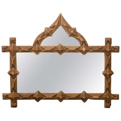 French Unusual Tramp Art Mirror with Pointed Crest and Diamond Motifs