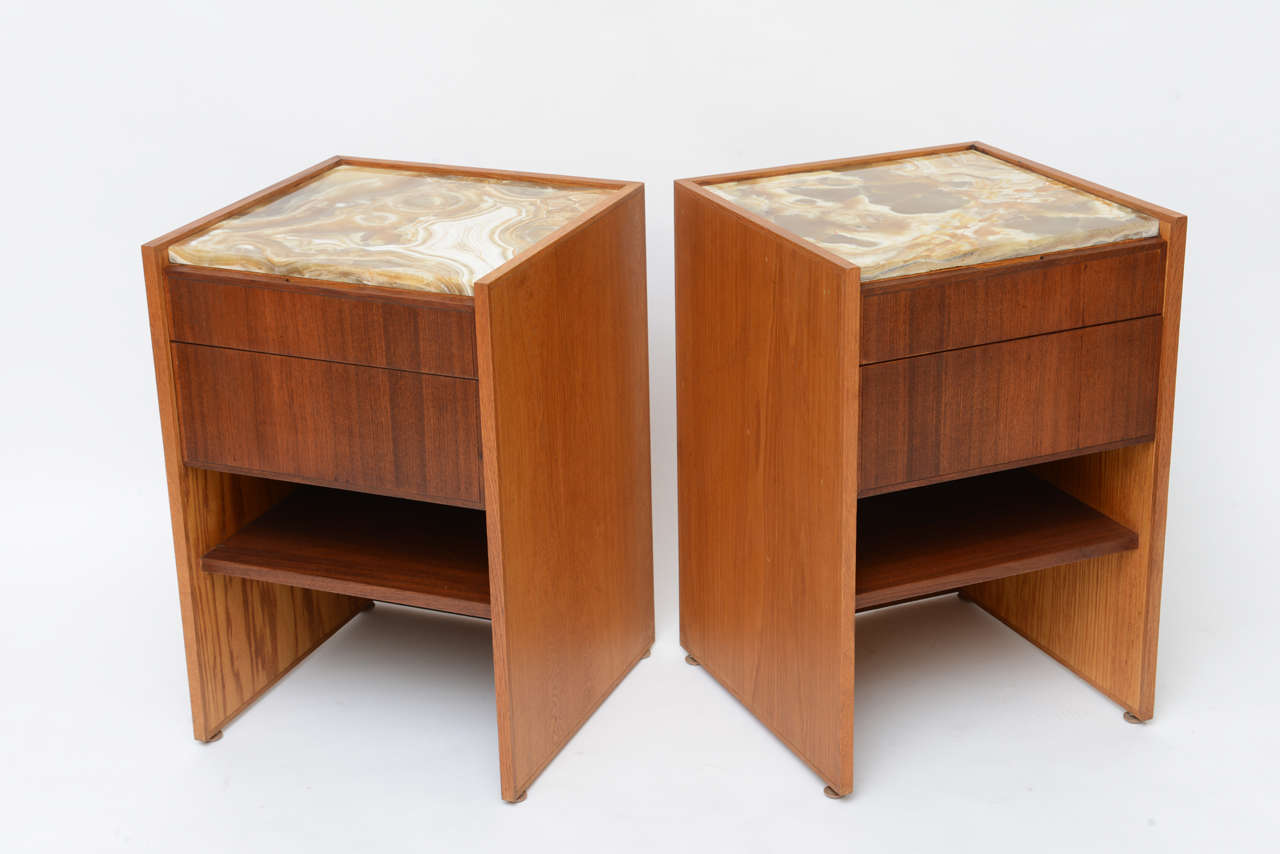 ..SOLD...These nightstands designed by George Davis for a period 1970s exquisitely appointed entire floor apartment of Roy J. Carver in the exclusive Palm Bay Club in Miami, this pair of night tables or end tables are constructed of solid oak sides