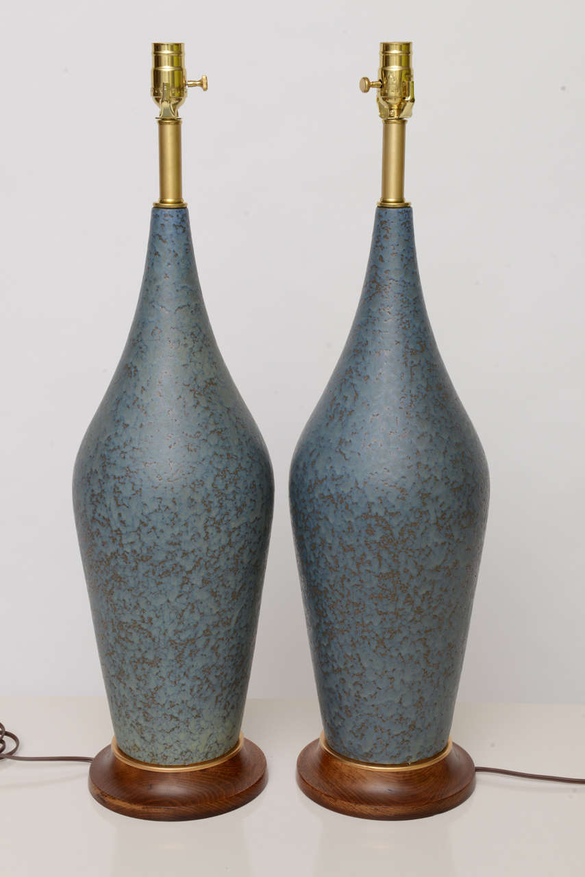Mid-20th Century Fine Tall Mottled Drip Glaze Teardrop Pottery Table Lamps
