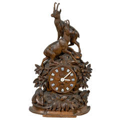 Antique German Black Forest Carved Wooden Table Clock with Chamois Figures, circa 1890