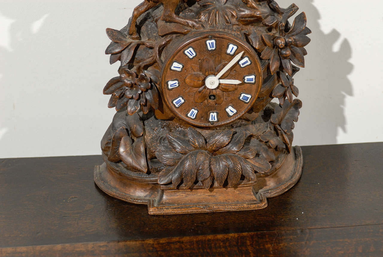 German Black Forest Carved Wooden Table Clock with Chamois Figures, circa 1890 1