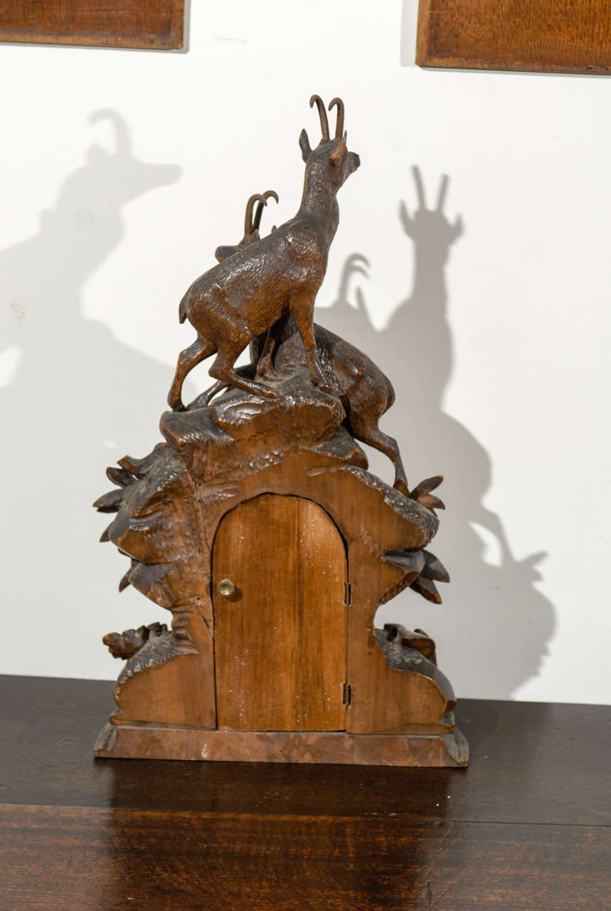 German Black Forest Carved Wooden Table Clock with Chamois Figures, circa 1890 4