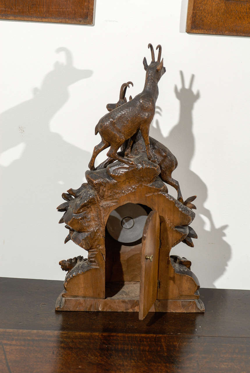 German Black Forest Carved Wooden Table Clock with Chamois Figures, circa 1890 5