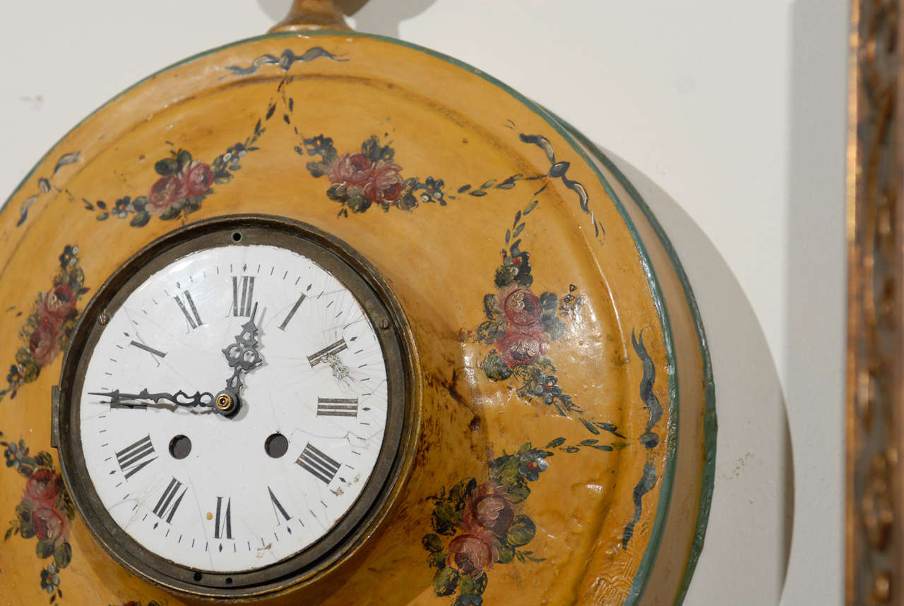Hand-Painted French Pocket-Watch Shaped Wall Hanging Tôle Clock with Floral Décor, circa 1800 For Sale