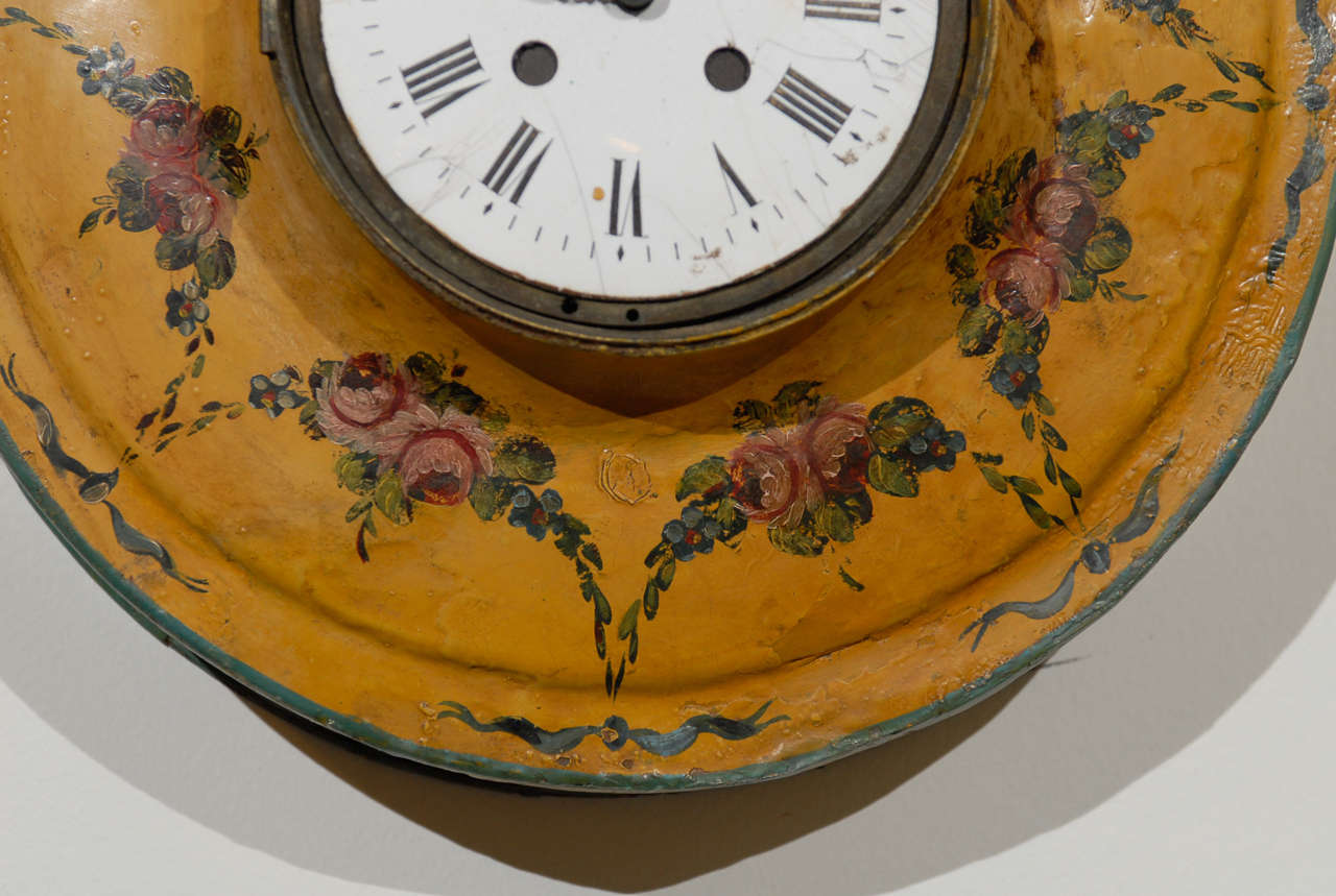 19th Century French Pocket-Watch Shaped Wall Hanging Tôle Clock with Floral Décor, circa 1800 For Sale