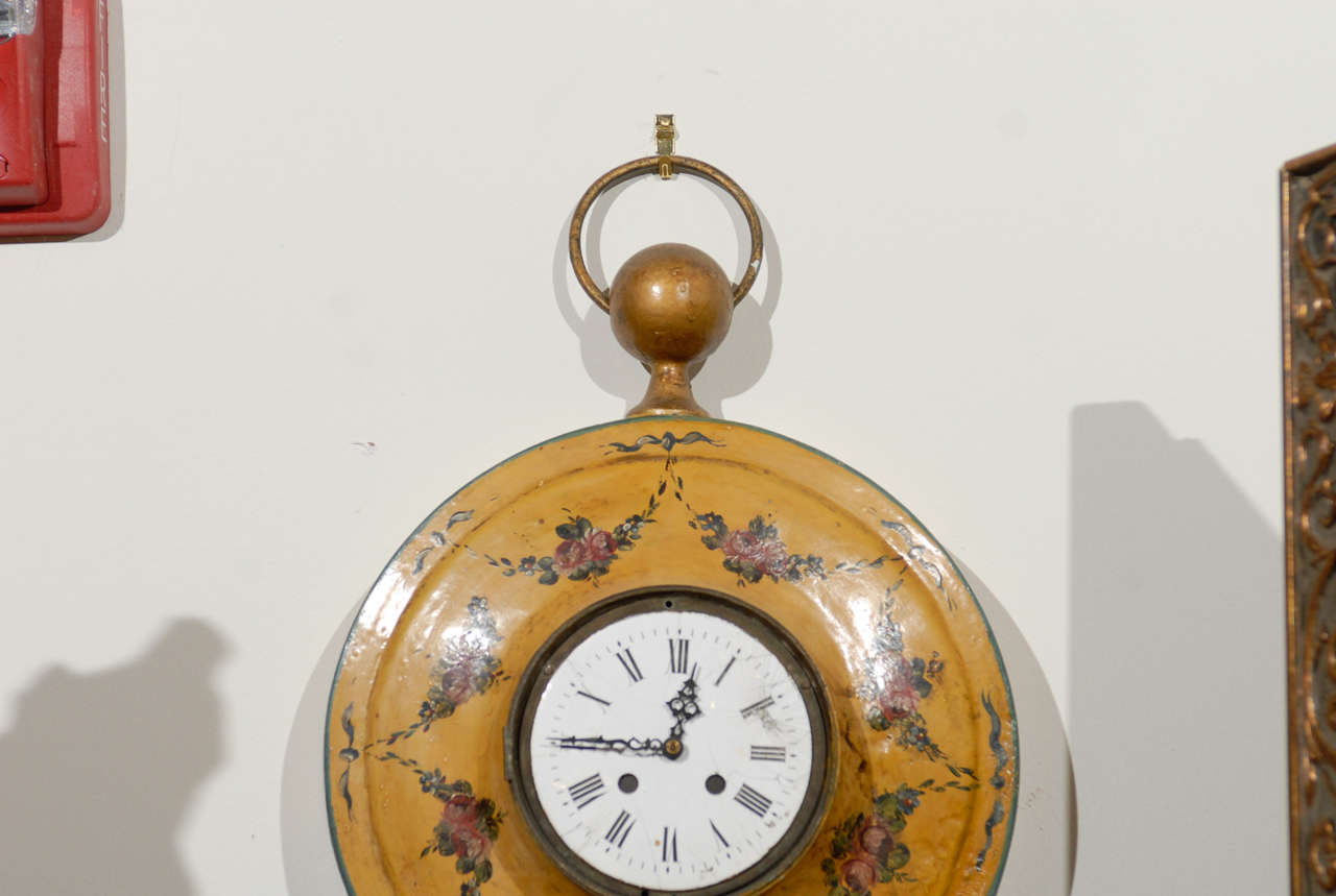 French PocketWatch Shaped Wall Hanging Tôle Clock with Floral Décor, circa 1800 For Sale at