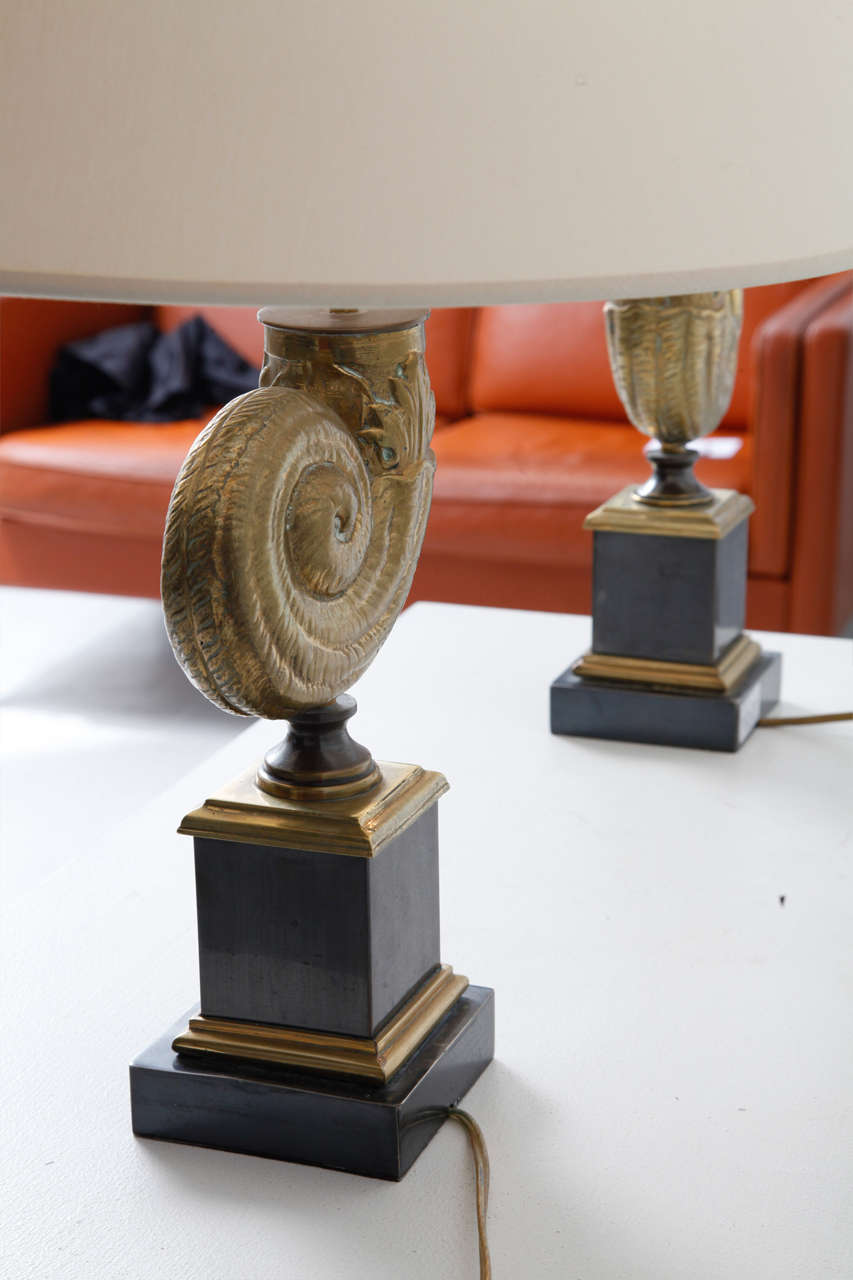 Brass Pair of Ammonite Table Lamps For Sale
