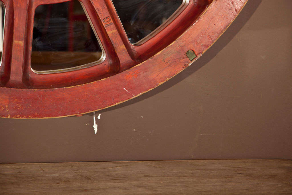 Large Red Turn of the Century Cog Mirror In Excellent Condition In Stamford, CT
