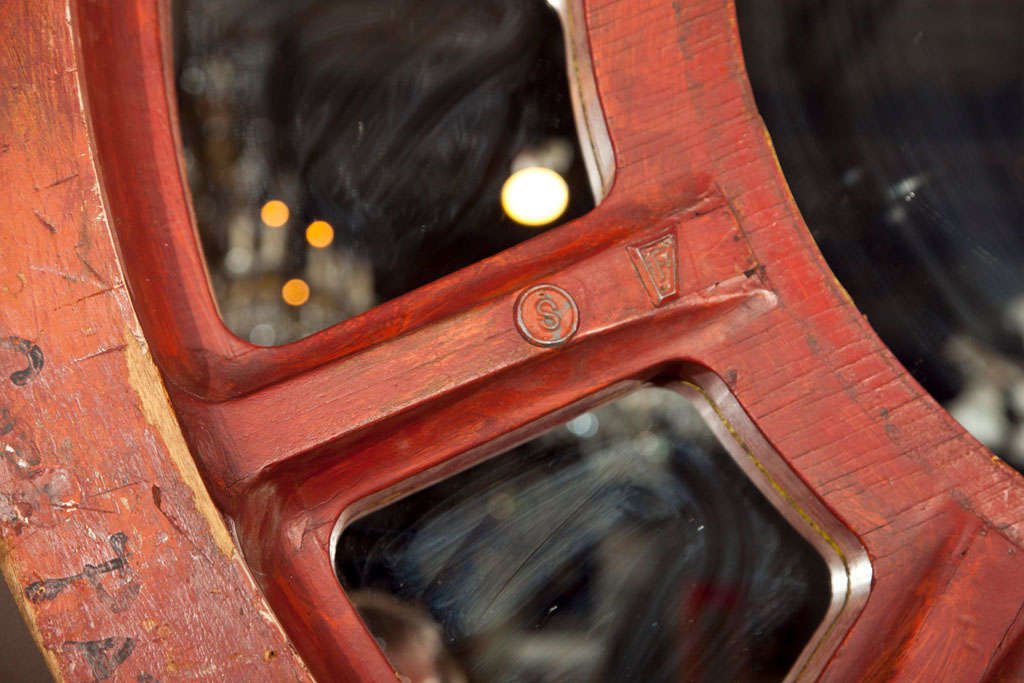 Wood Large Red Turn of the Century Cog Mirror