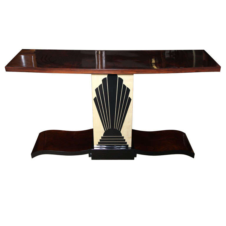 French Art Deco Console Table, Exotic Walnut
