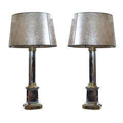 Pair of Chrome and Brass Balustrade Lamps with Mica Shades