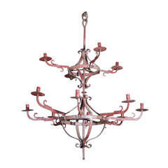 Red painted wrought iron candelabra chandelier (unwired)