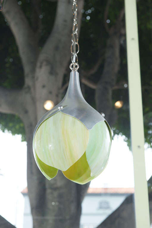 Pair, Tulip form Glass and Nickel Pendant lights