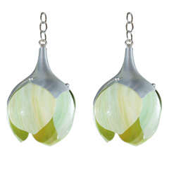 Pair, Tulip form Glass and Nickel Pendant lights