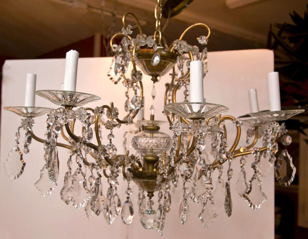 Dramatic cut crystal drop chandelier with eight electrified arms. Glass bobeches compliment the center glass sphere.