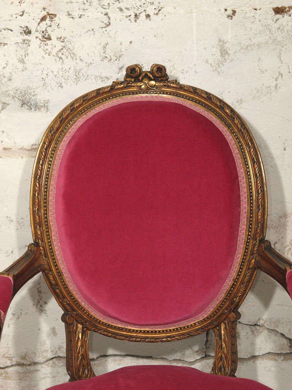 19th Century Decadent Louis XVI Giltwood Armchair in Fuschia Velvet