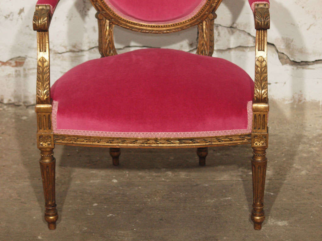 Decadent Louis XVI Giltwood Armchair in Fuschia Velvet 2
