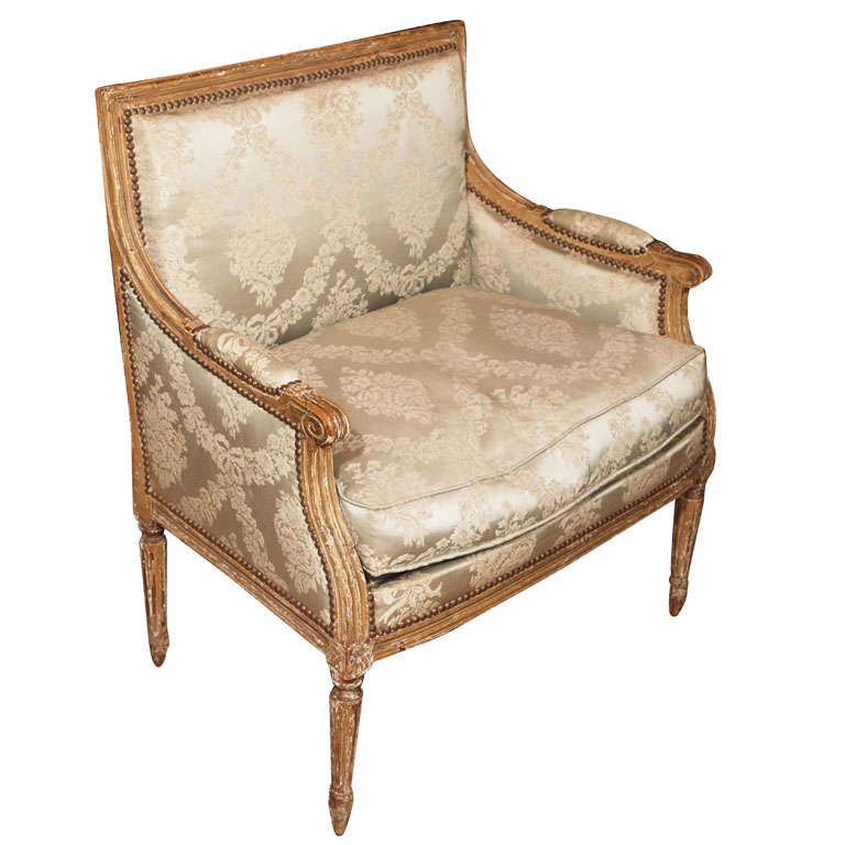 Painted pair of Louis XVI Marquise chairs.  Rectangular back, seat rails supported on fluted  straight legs decorated on two sides with a square rosette.