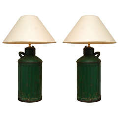 Pair of Green Enameled Gas Can Mounted as Lamps Pair of Green Enameled Gas Can Mounted as Lamps