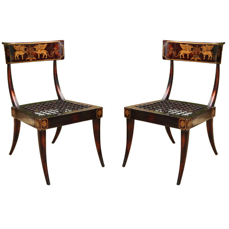 Pair of Faux Bronze Metal Hand-Painted Klismos Italian Chairs