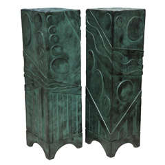 A Pair of Late Art Deco Verdigris Painted Pedestals