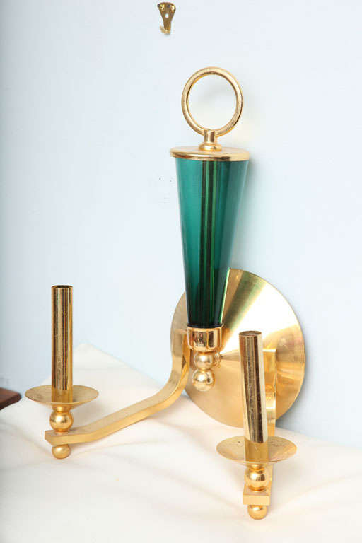 American Set of Four Brass and Green Glass Wall Lights