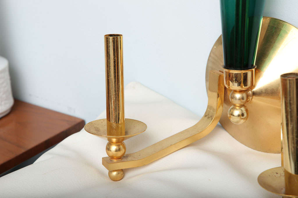 Set of Four Brass and Green Glass Wall Lights In Excellent Condition In Hollywood, FL