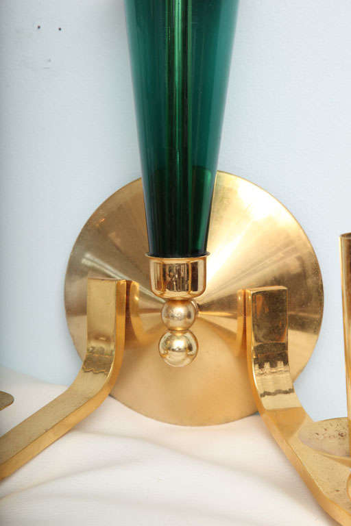 Mid-20th Century Set of Four Brass and Green Glass Wall Lights