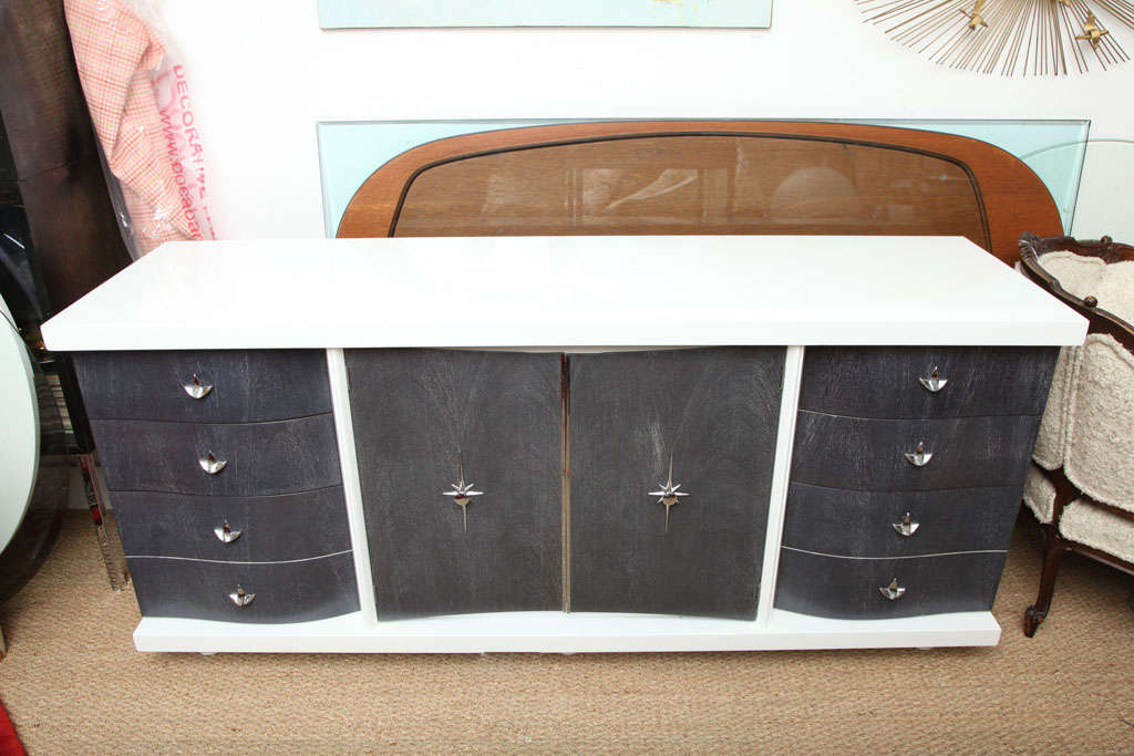 Unique lacquered in dark grey charcoal zinc color ceruce body and white lacquered Buffet with 4 drawers on each side and 2 doors chromed handles