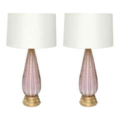 Pair of Unique pink lilac glass  Barovier and Toso Murano Lamps