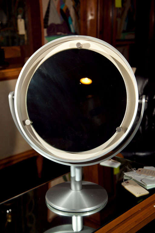 Large brushed steel standing round mirror from French department store.