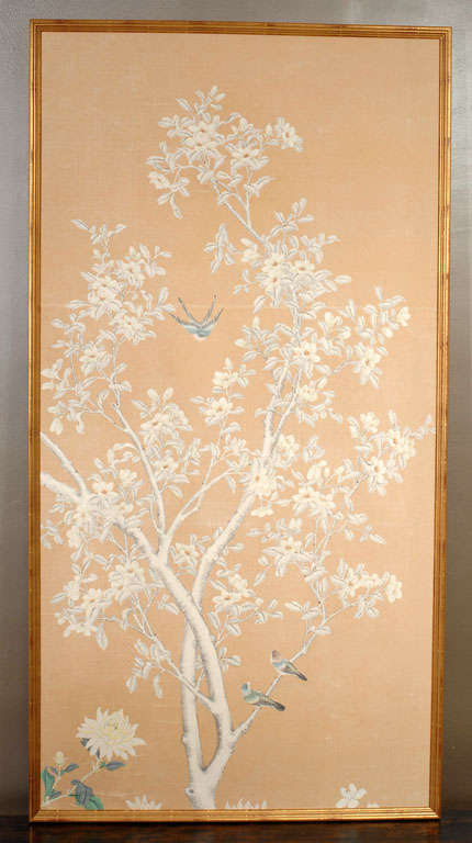 Pair of circa 1950 hand painted Gracie Wallpaper Panels elegantly presented in a gilt wood frame. These exquisite floral scenes were originally commissioned for the US State Department where they adorned the walls. Their provenance dates to the