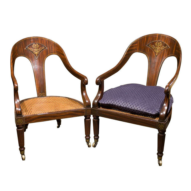 Pair of period regency spoon back armchairs For Sale