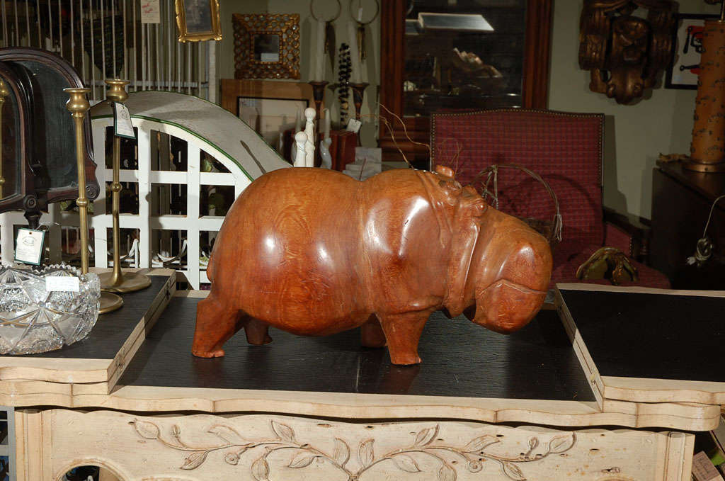 Unknown C. 1980 Hand Carved Solid Wood Hippo