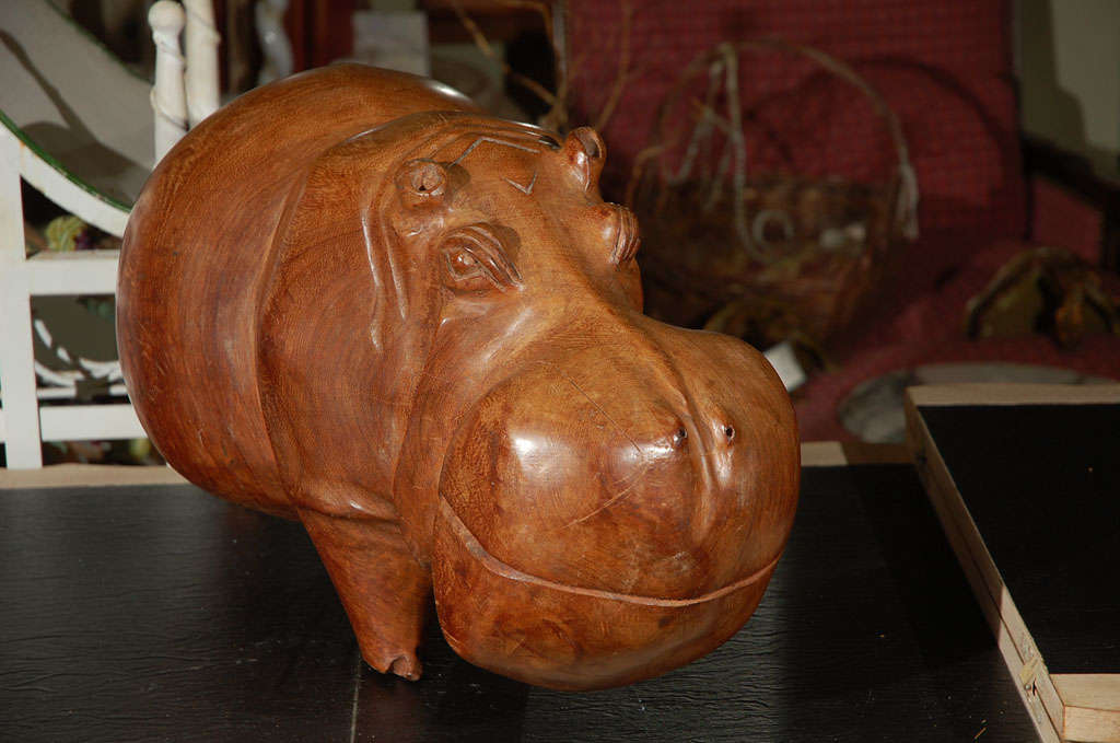 C. 1980 Hand Carved Solid Wood Hippo 2